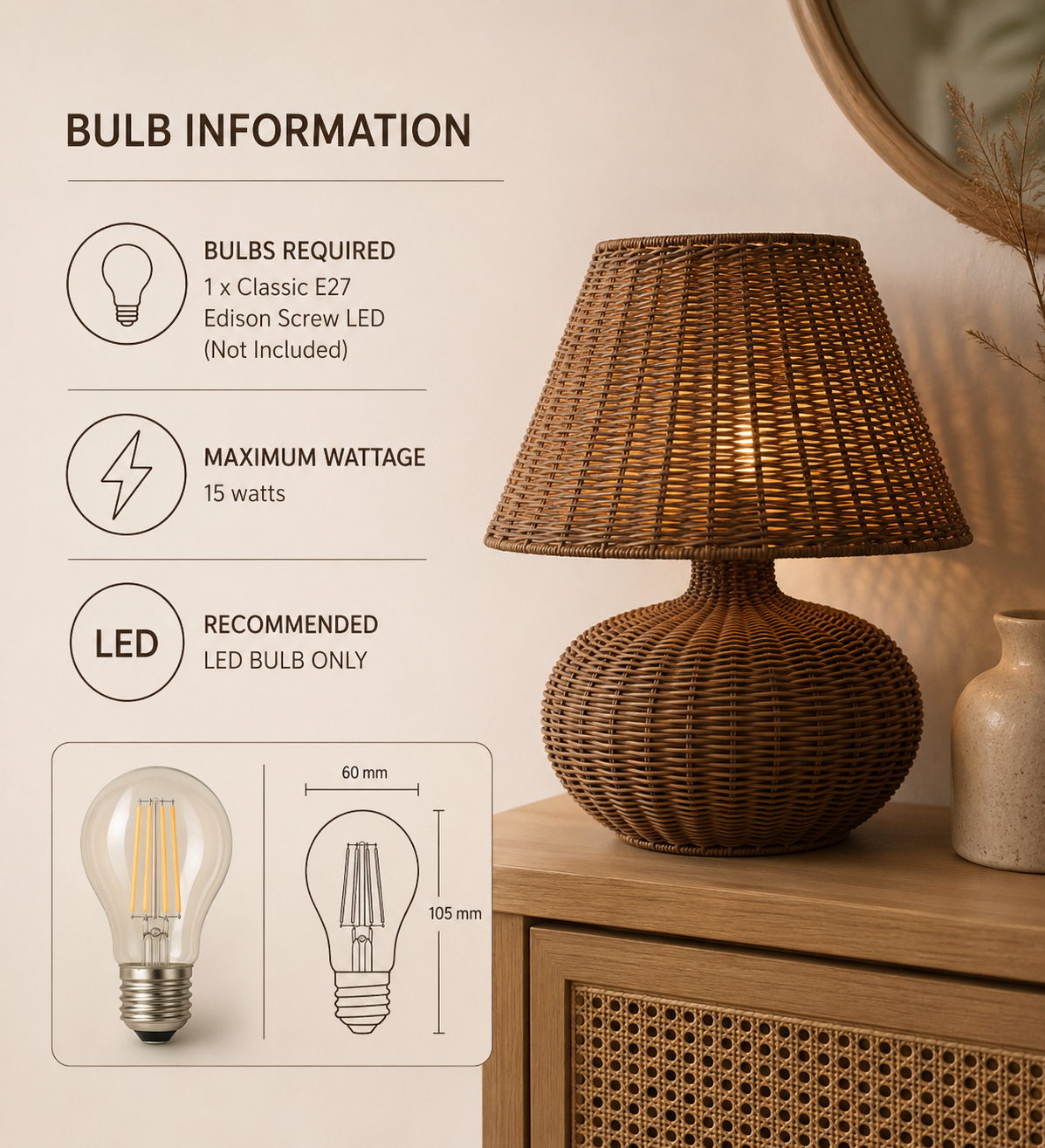 XL Rattan Table Lamp Natural Wicker