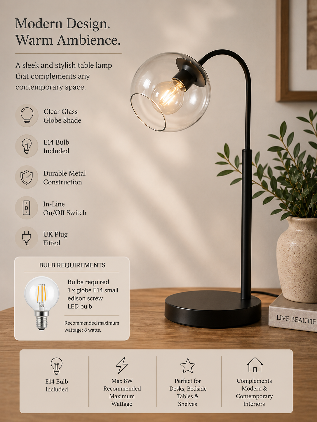 Black & Glass Industrial Table Lamp