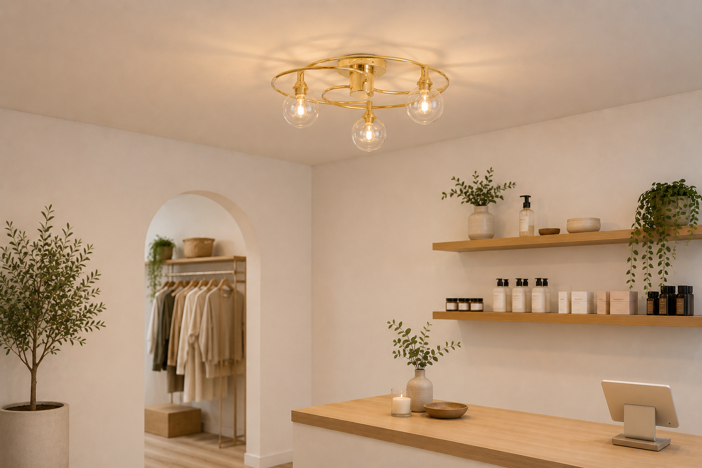 3 Light Brass Ceiling Light Clear Glass Globe
