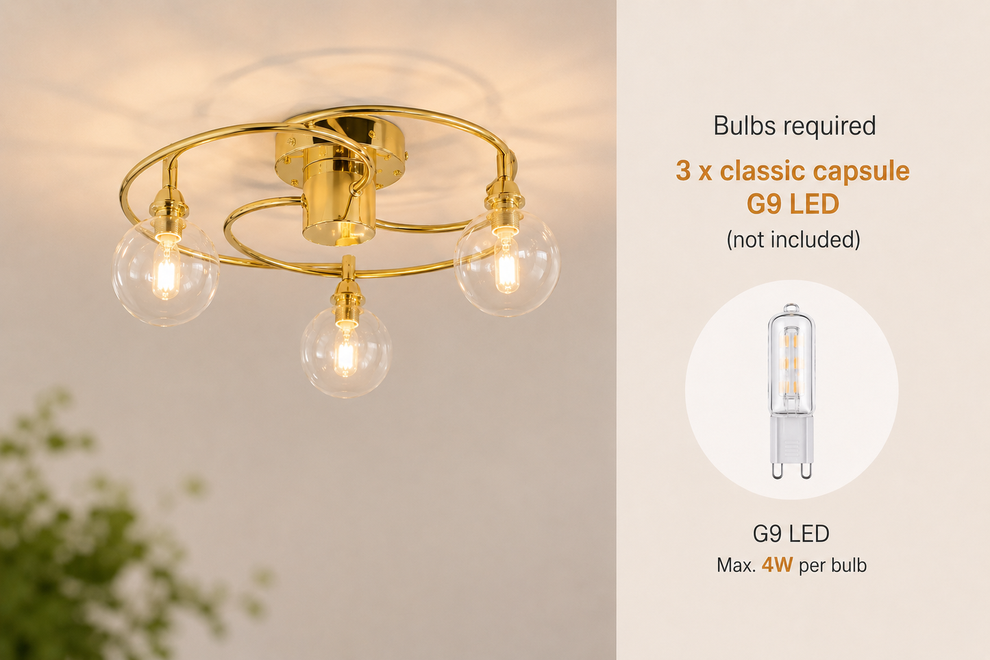 3 Light Brass Ceiling Light Clear Glass Globe
