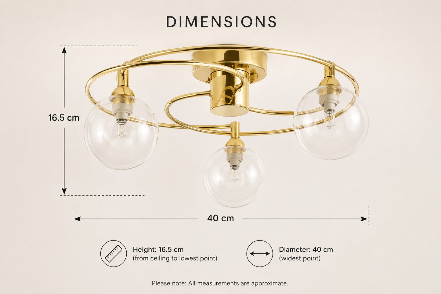 3 Light Brass Ceiling Light Clear Glass Globe