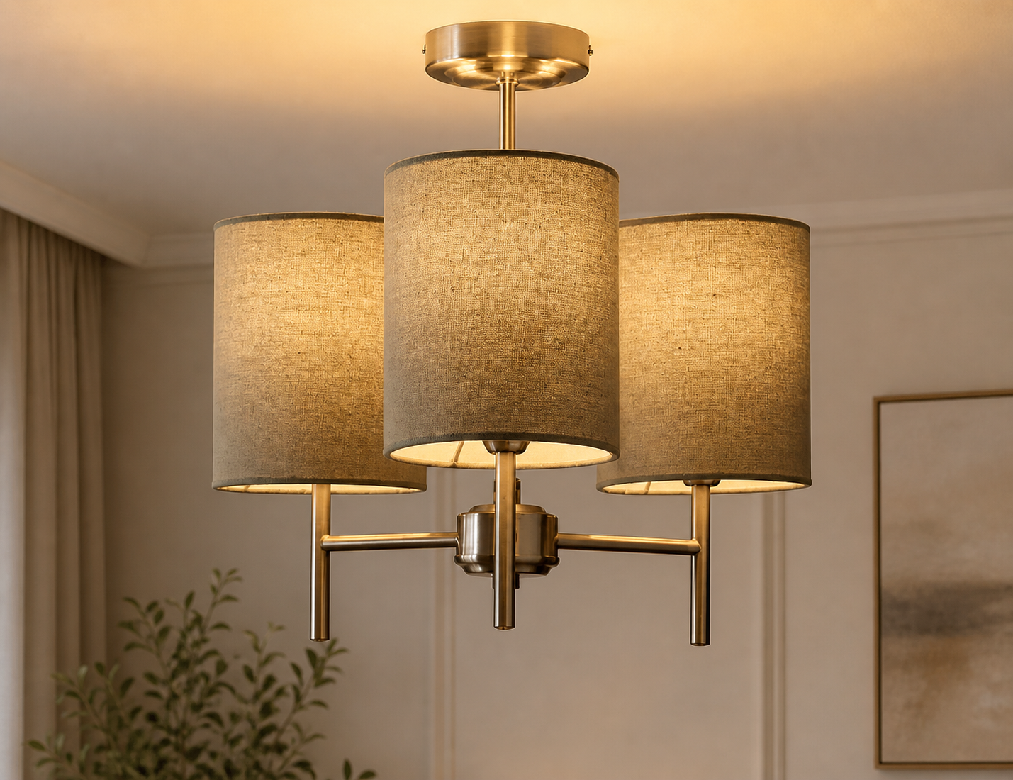 3 Light Ceiling Light Sage Green Shades Chrome Steel Fixture
