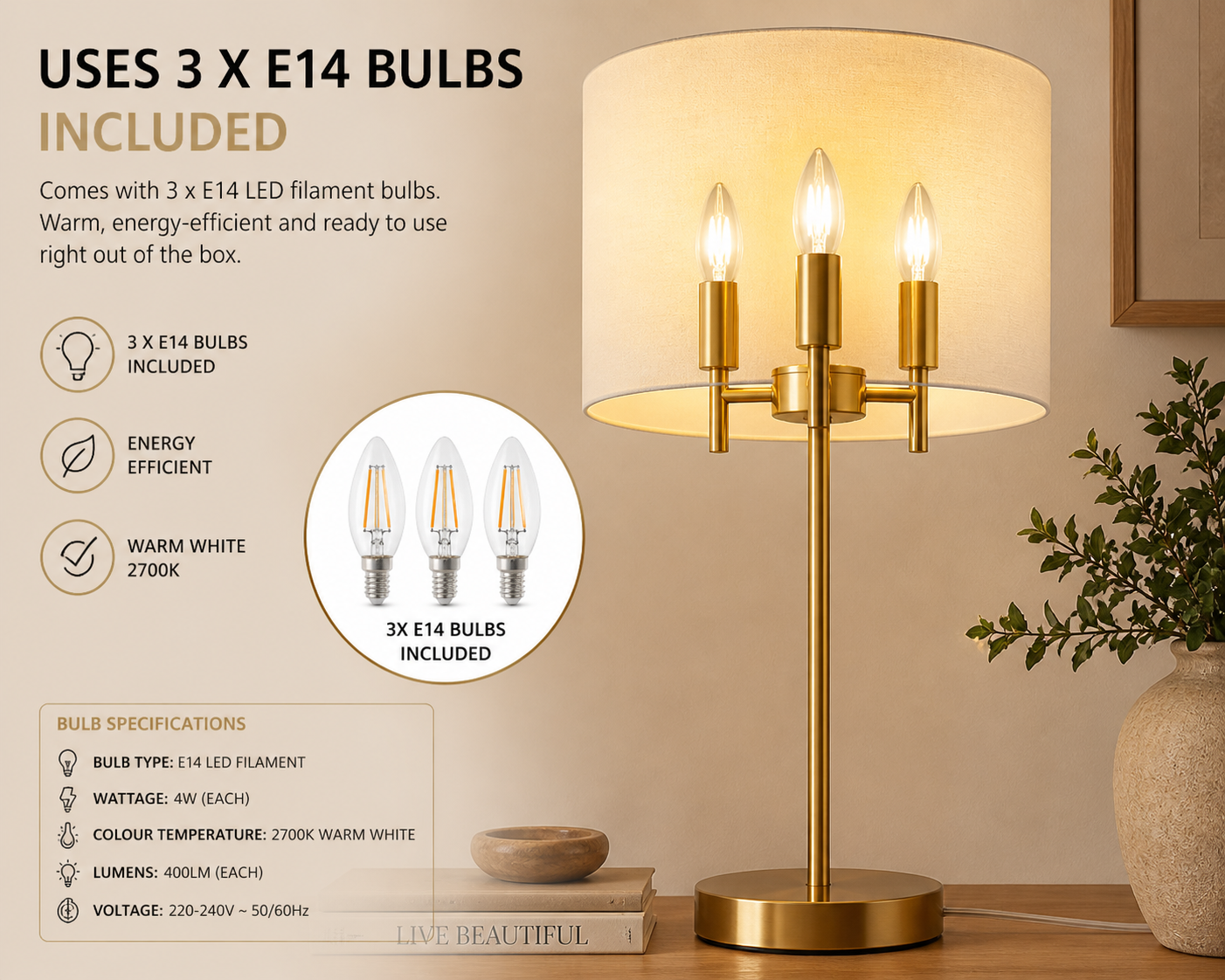 Brass 3 Light Table Lamp