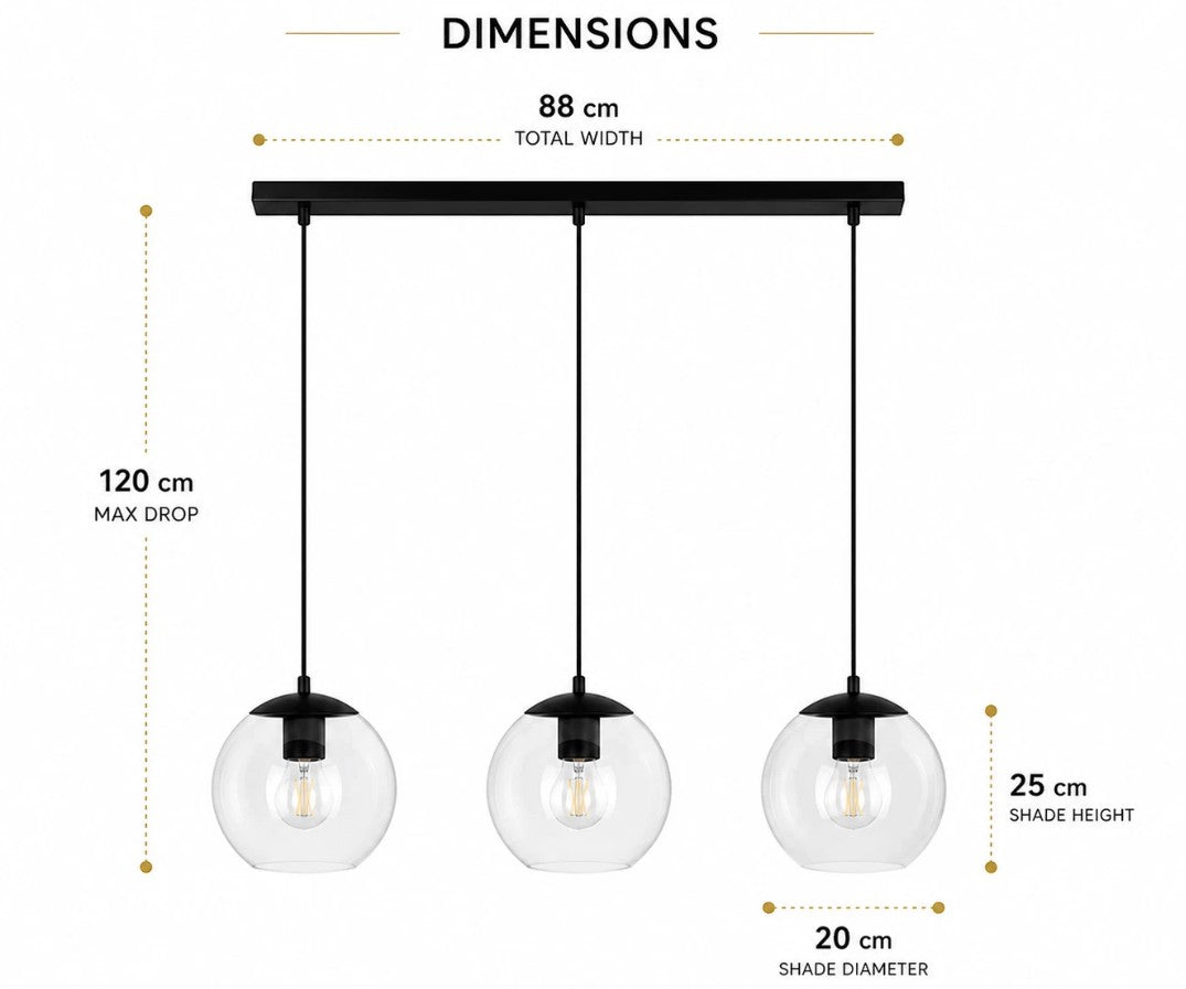 3 Light Bar Pendant Light Black Glass Ceiling Lamp